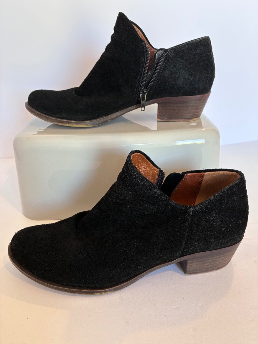 Lucky Brand Black Suede Ankle Booties — Size 7.5M — Side Zip